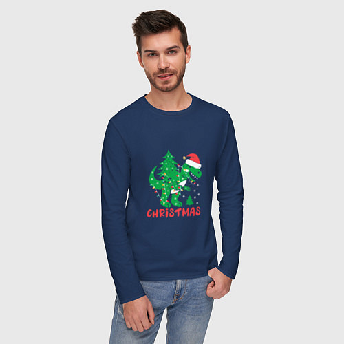 Мужской лонгслив Christmas Dinosaur / Тёмно-синий – фото 3