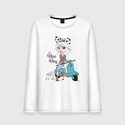 Лонгслив хлопковый мужской Девчонка на скутере с котом, цвет: белый