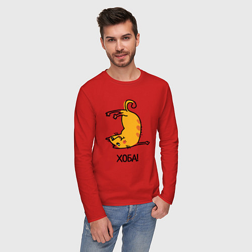 Мужской лонгслив Хоба! Прикольный кот / Красный – фото 3