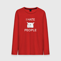 Лонгслив хлопковый мужской I hate people, текст с белым мемным котом, цвет: красный
