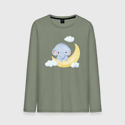 Лонгслив хлопковый мужской Милый Слонёнок На Месяце С Облаками, цвет: авокадо