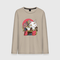 Лонгслив хлопковый мужской Котик Самурай Samurai Cat Japanese art, цвет: миндальный