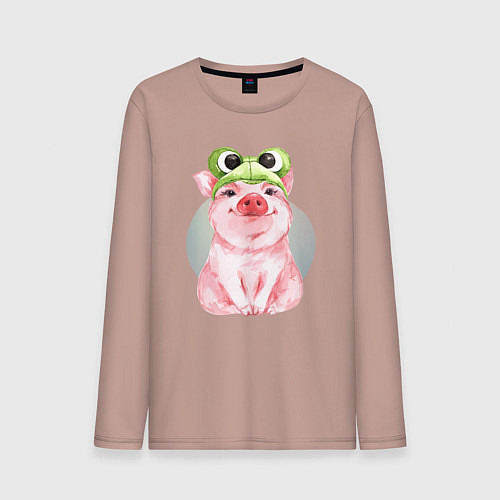 Мужской лонгслив Милый поросенок в шапке-лягушке / Пыльно-розовый – фото 1