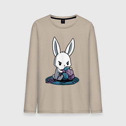 Лонгслив хлопковый мужской Зайчонок обнял клубки The bunny hugged the balls, цвет: миндальный