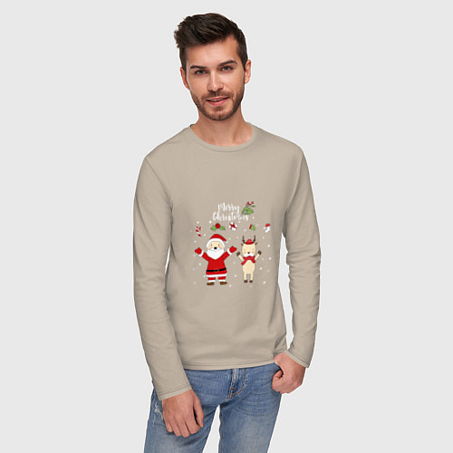 Мужской лонгслив SANTA CLAUS WITH A DEER / Миндальный – фото 3