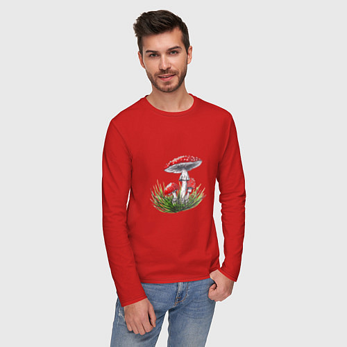 Мужской лонгслив Мухоморы в траве / Красный – фото 3