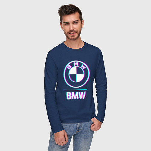 Мужской лонгслив Значок BMW в стиле glitch / Тёмно-синий – фото 3