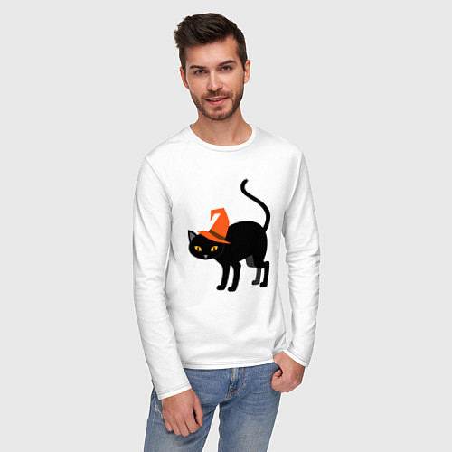 Мужской лонгслив Чёрный хэллоуинский котик / Белый – фото 3