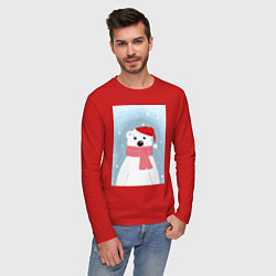 Лонгслив хлопковый мужской Мультяшный белый медведь в красной шапке с шарфом, цвет: красный — фото 2