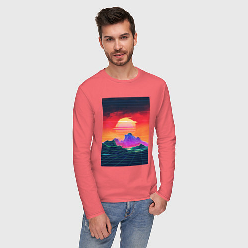 Мужской лонгслив Синтвейв горы на закате / Коралловый – фото 3