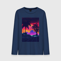 Лонгслив хлопковый мужской Синтвейв пляж и пальмы, цвет: тёмно-синий