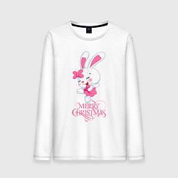 Лонгслив хлопковый мужской Cute bunny, merry Christmas, цвет: белый