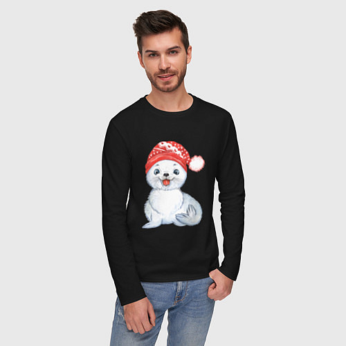 Мужской лонгслив Новогодний тюлень / Черный – фото 3