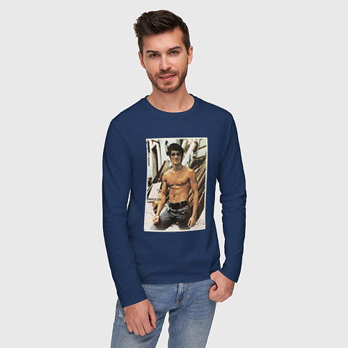 Мужской лонгслив Брюс Ли - ретро постер / Тёмно-синий – фото 3