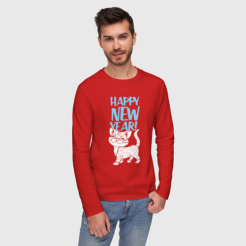 Мужской лонгслив Happy new year - kitten / Красный – фото 3