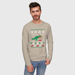 Лонгслив хлопковый мужской Новогодний тирекс - ugly sweater, цвет: миндальный — фото 2