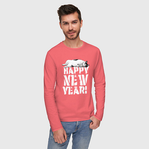 Мужской лонгслив Happy new year - кошечка / Коралловый – фото 3