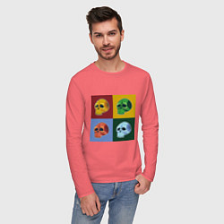 Лонгслив хлопковый мужской Четыре черепочка в разноцветных квадратах, цвет: коралловый — фото 2