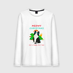 Лонгслив хлопковый мужской Meowy christmas and a happy purr year holiday, цвет: белый