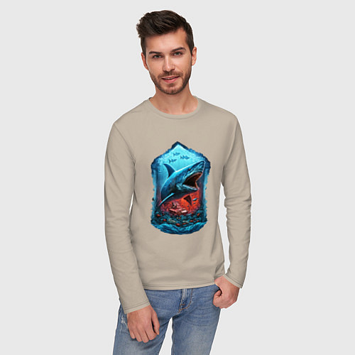 Мужской лонгслив Огромная акула Мегалодон / Миндальный – фото 3