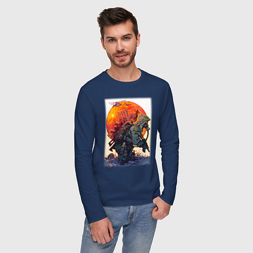 Мужской лонгслив STALKER одинокий сталкер / Тёмно-синий – фото 3