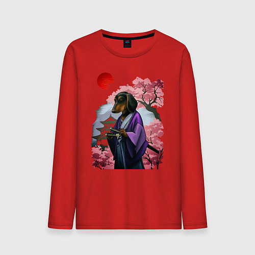 Мужской лонгслив Такса-Самурай весенняя на фоне сакуры / Красный – фото 1