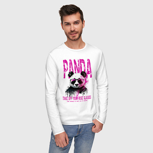 Мужской лонгслив Панда и розовые очки / Белый – фото 3