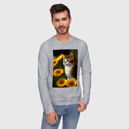 Мужской лонгслив Red cat in flowers / Меланж – фото 3