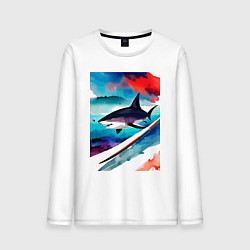 Лонгслив хлопковый мужской Shark - watercolor - art, цвет: белый