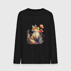 Лонгслив хлопковый мужской Акварельная милая лиса, цвет: черный