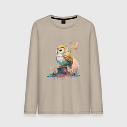 Лонгслив хлопковый мужской Акварельная милая сова, цвет: миндальный
