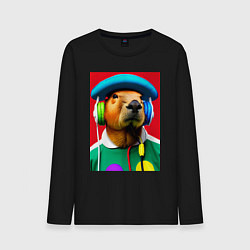 Лонгслив хлопковый мужской Капибара в наушниках и шляпе - нейросеть, цвет: черный