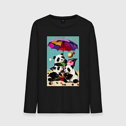 Лонгслив хлопковый мужской Три панды под цветным зонтиком, цвет: черный