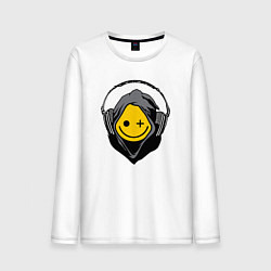 Лонгслив хлопковый мужской Смайлик в наушниках smiley face in headphones, цвет: белый