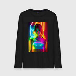 Лонгслив хлопковый мужской Japanese girl - neon glow - neural network, цвет: черный