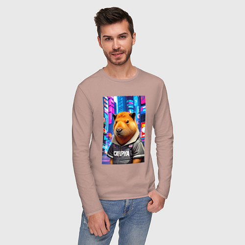 Мужской лонгслив Cool capybara - urban style - neural network / Пыльно-розовый – фото 3