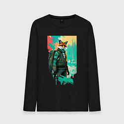 Лонгслив хлопковый мужской Лис-геолог - нейросеть, цвет: черный