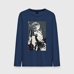 Лонгслив хлопковый мужской Волк на фоне луны - мегаполис - нейросеть, цвет: тёмно-синий