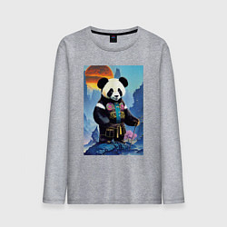 Лонгслив хлопковый мужской Панда на берегу озера - нейросеть, цвет: меланж