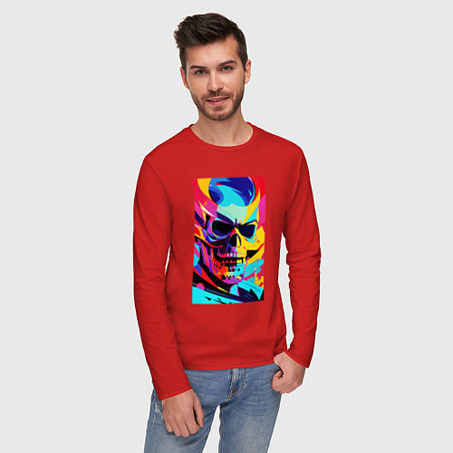 Мужской лонгслив Cool skull - pop art / Красный – фото 3