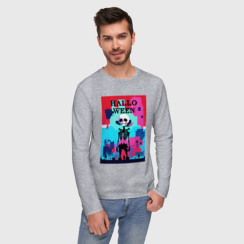 Мужской лонгслив Funny skeleton - pop art - pixels halloween / Меланж – фото 3