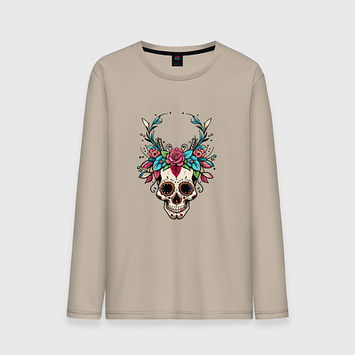 Мужской лонгслив Мексиканский рогатый череп / Миндальный – фото 1