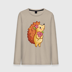 Лонгслив хлопковый мужской Ёжик с цветами, цвет: миндальный