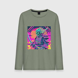 Лонгслив хлопковый мужской Кислотный самурай скелет в стиле retrowave, цвет: авокадо