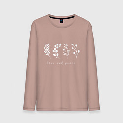 Лонгслив хлопковый мужской Белые растения love and peace, цвет: пыльно-розовый