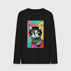 Лонгслив хлопковый мужской Pop art cat - neural network, цвет: черный