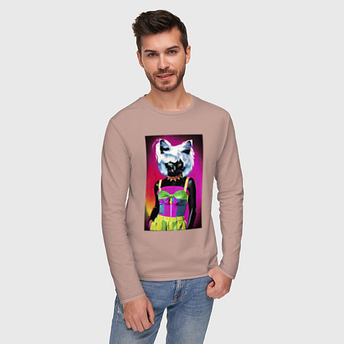 Мужской лонгслив Cat fashionista - pop art - neural network / Пыльно-розовый – фото 3