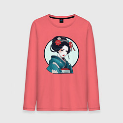 Лонгслив хлопковый мужской Японская гейша в кимоно, цвет: коралловый