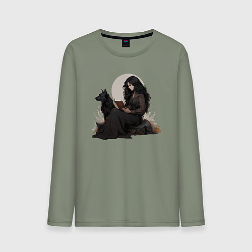 Мужской лонгслив Фентези девушка с волком читает книгу / Авокадо – фото 1
