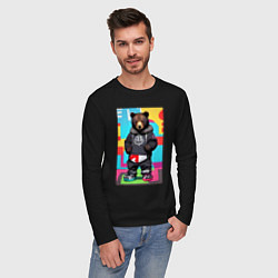 Лонгслив хлопковый мужской Прикольный мишутка - поп-арт - нейросеть, цвет: черный — фото 2